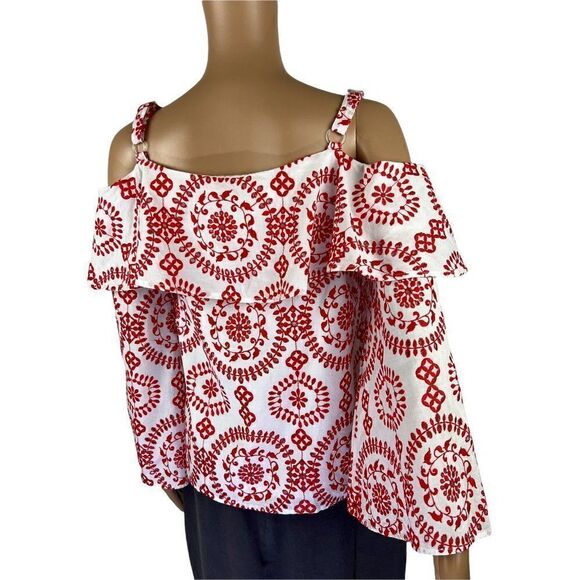 INC Cotton Top Small Red White Womens Embroidery Floral Bell Sleeve Off Shoulder - Picture 3 of 5